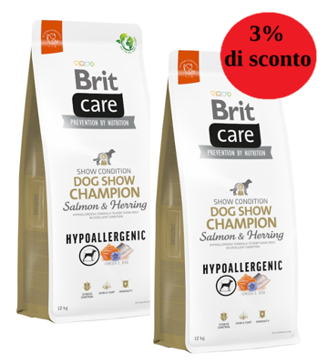 BRIT CARE Dog Hypoallergenic Dog Show Champion Salmone e Aringa 2x12kg - 3% di sconto in un set
