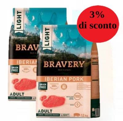 Bravery Grain Free Adult Medium Large LIGHT Iberian Pork 2x12kg - 3% di sconto in un set