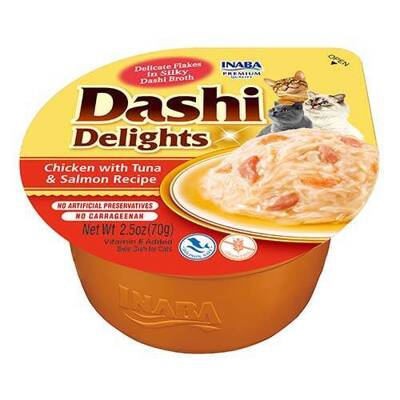 Inaba DASHI cibo complementare per gatti - brodo aromatizzato con pollo, tonno e salmone 70 g 