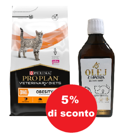 PRO PLAN Veterinary Diets OM St/Ox Obesity Management Cibo secco per gatti 5 kg + Olio di salmone 250ml - 5% di sconto